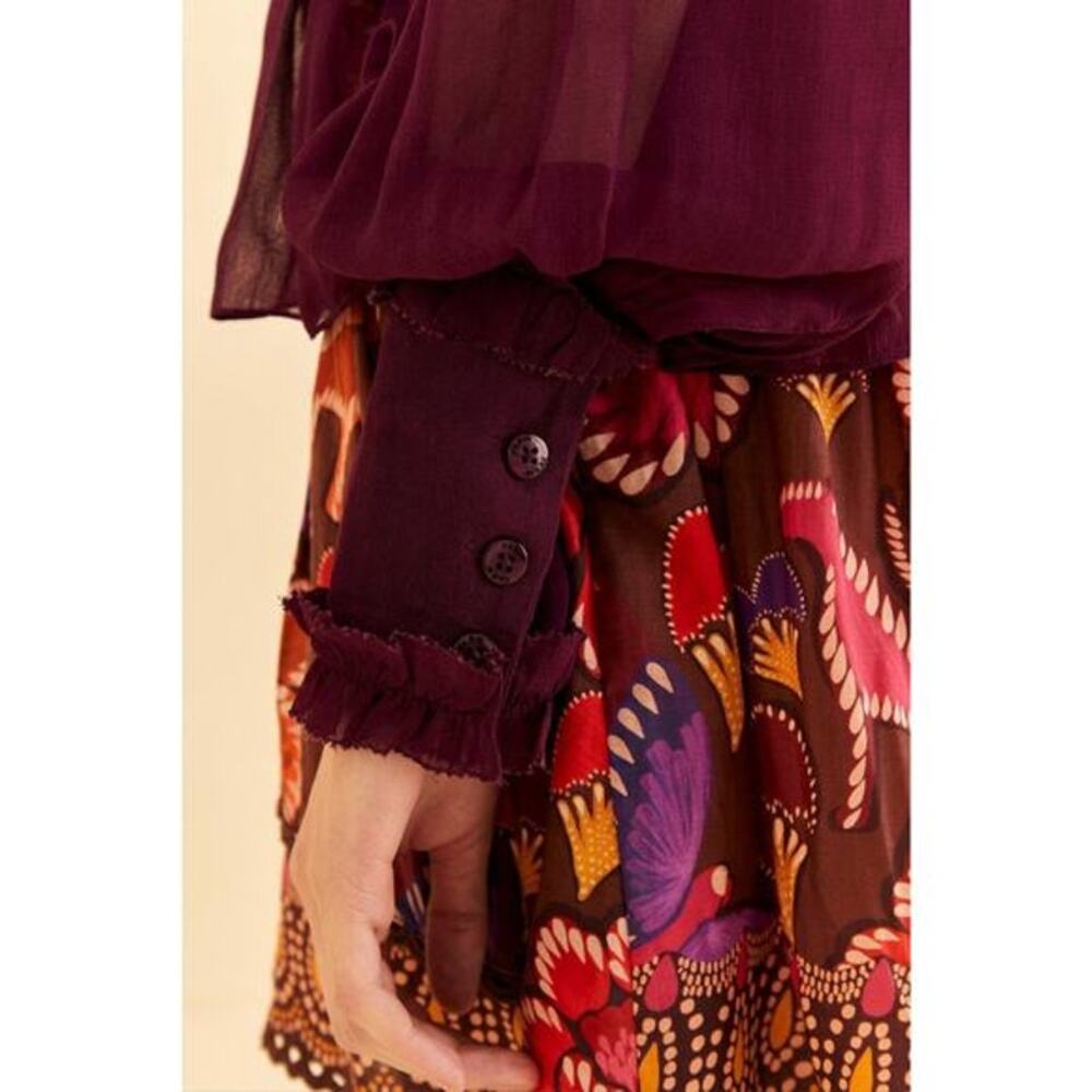 Farm Rio Chiffon Ruffled Blouse in Bordeaux Sz Large Eggplant Purple Peplum NEW - Picture 13 of 15